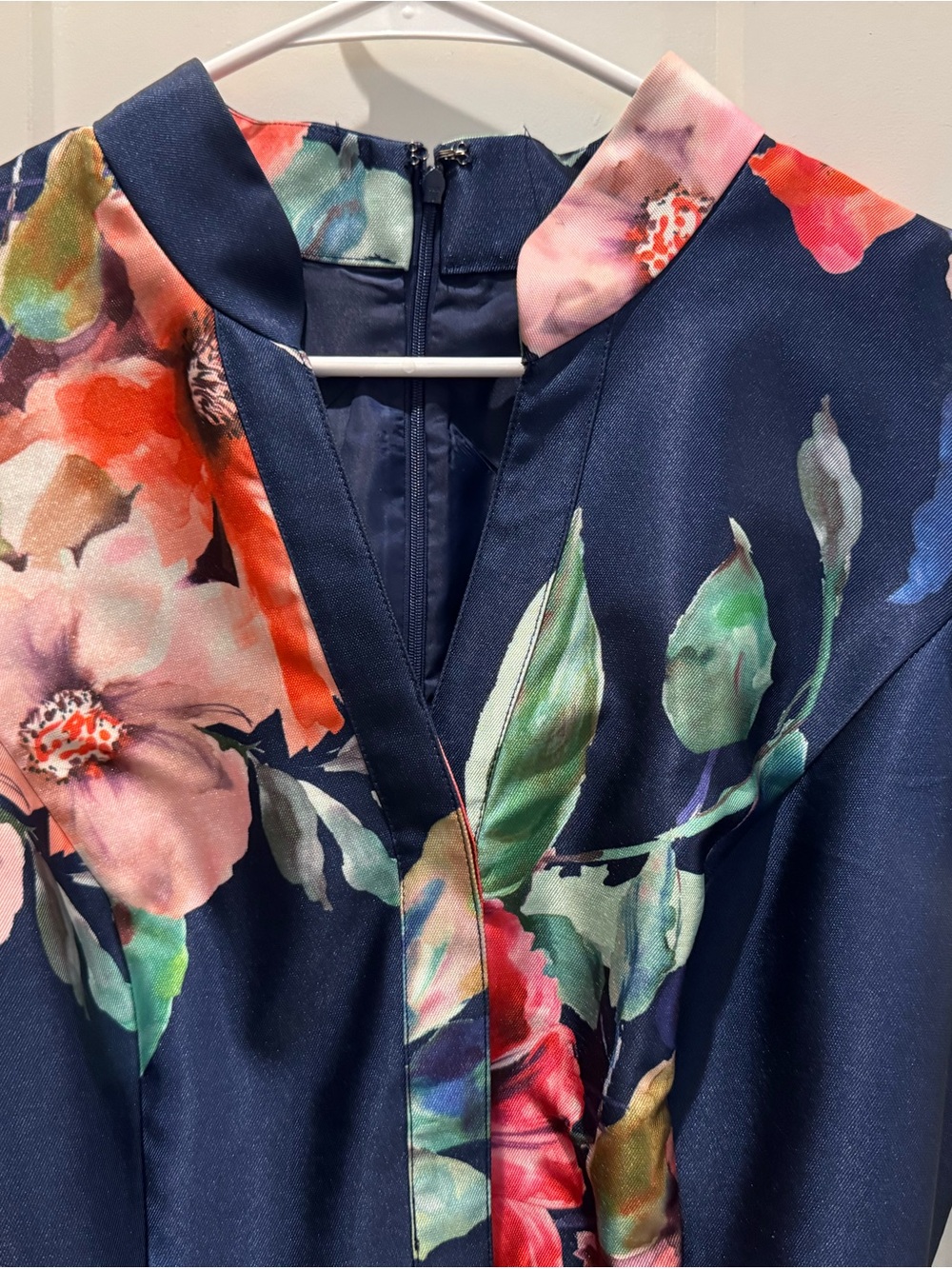 Adrianna Papell Navy Floral Fit-and-Flare Dress with Pink and Green Accents - Picture 6 of 7
